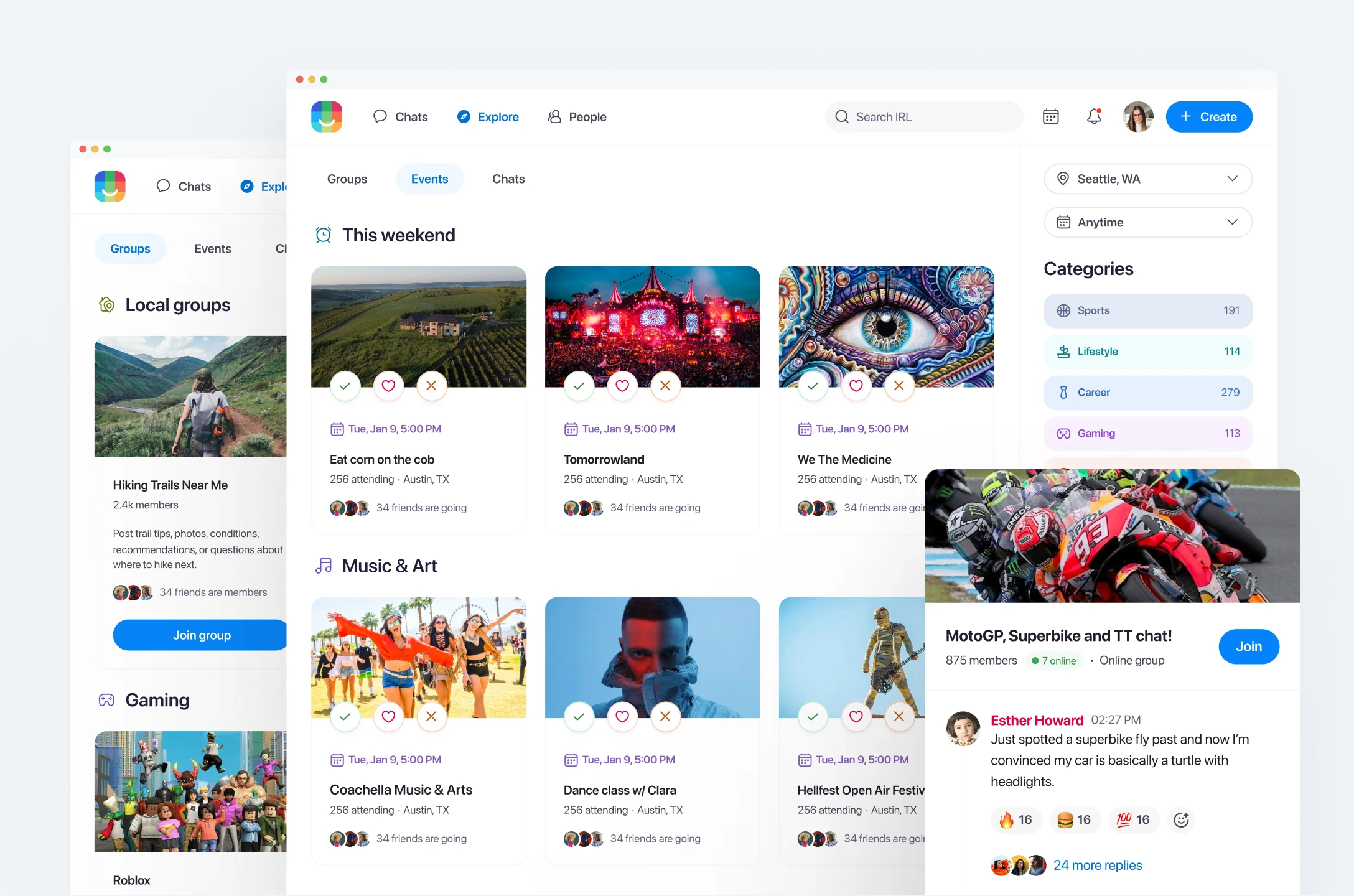 Web product interface for discovering groups and events with a group chat overlay