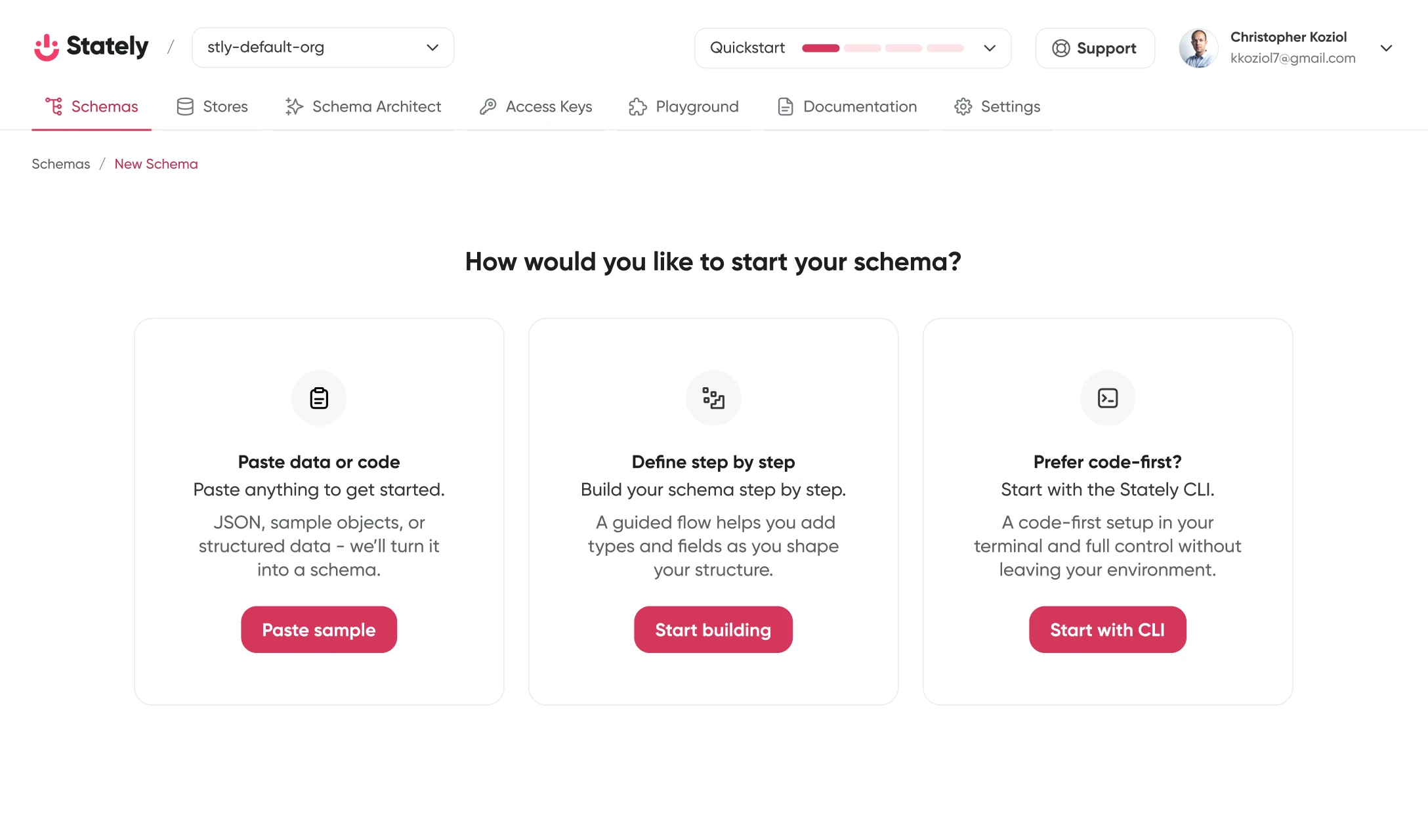 Three ways to start a schema: paste data, use guidance, or stay in the CLI